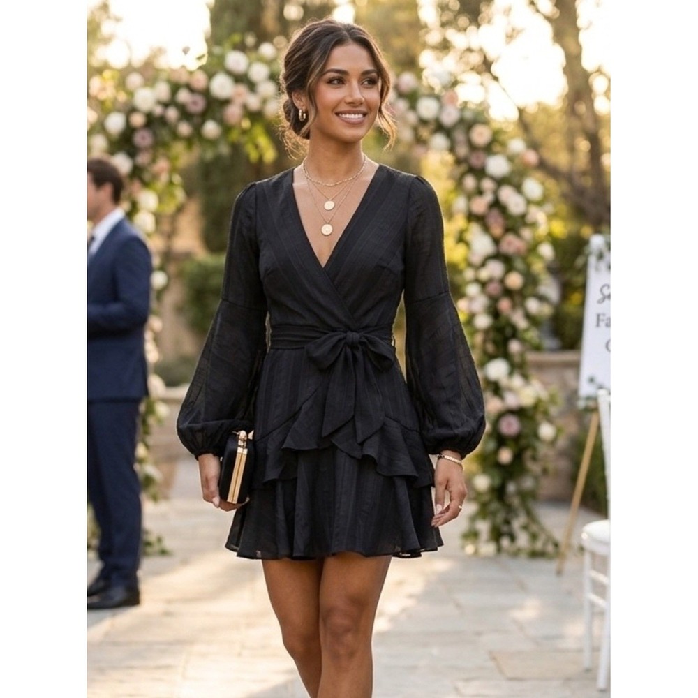 Saints + Secrets Black Tiered Ruffle Mini Dress S Wrap Style Small‎ Quiet Luxury